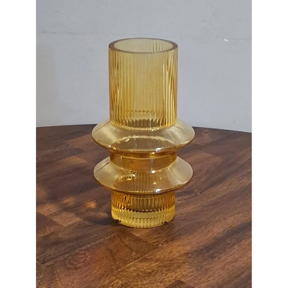 Amber Ribbed Glass Vase Mid Century Modern UFO Geometric Fluted Bud Vase 8 Inch